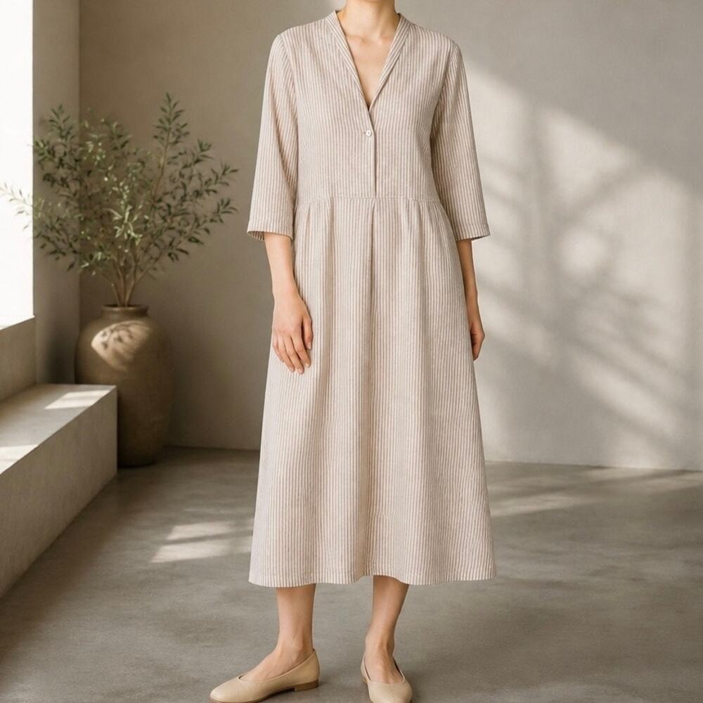 Poetry Pinstripe 100% Linen Midi Shirt Dress Women's 14 Neutral Beige Minimalist